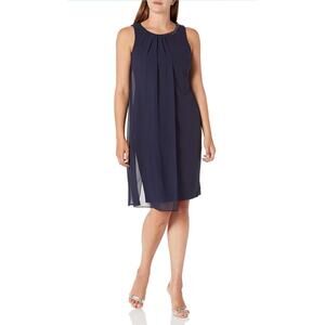 S.L. Fashions Women's Envelope Hem Pleat Front Dress Navy Blue Size 12